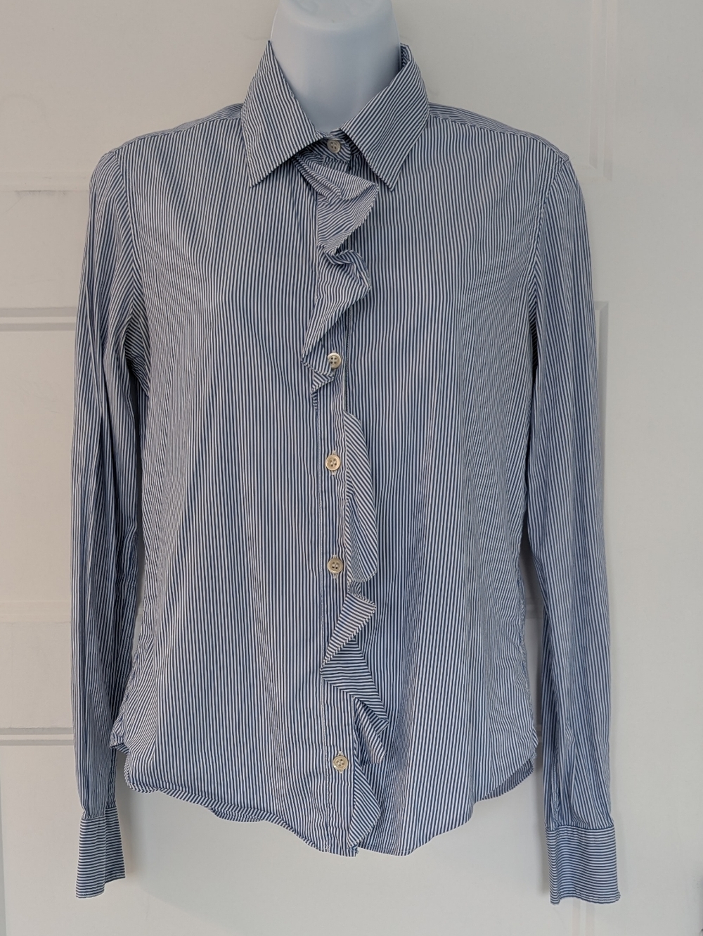 Moschino Cheap & Chic Blue Stripe Ruffle Button Down Shirt‎ Size 8